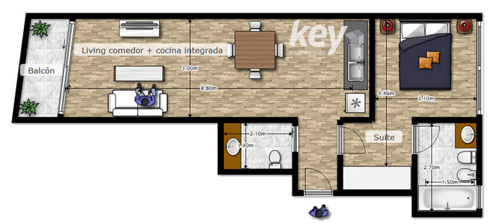 Plano del departamento 2 ambientes en Barrio Norte